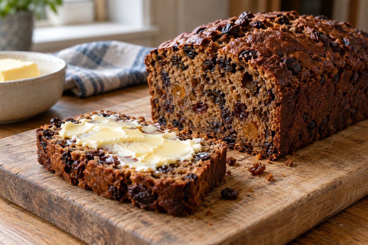 A buttered slice of fruit-filled bara brith on a wooden bread board