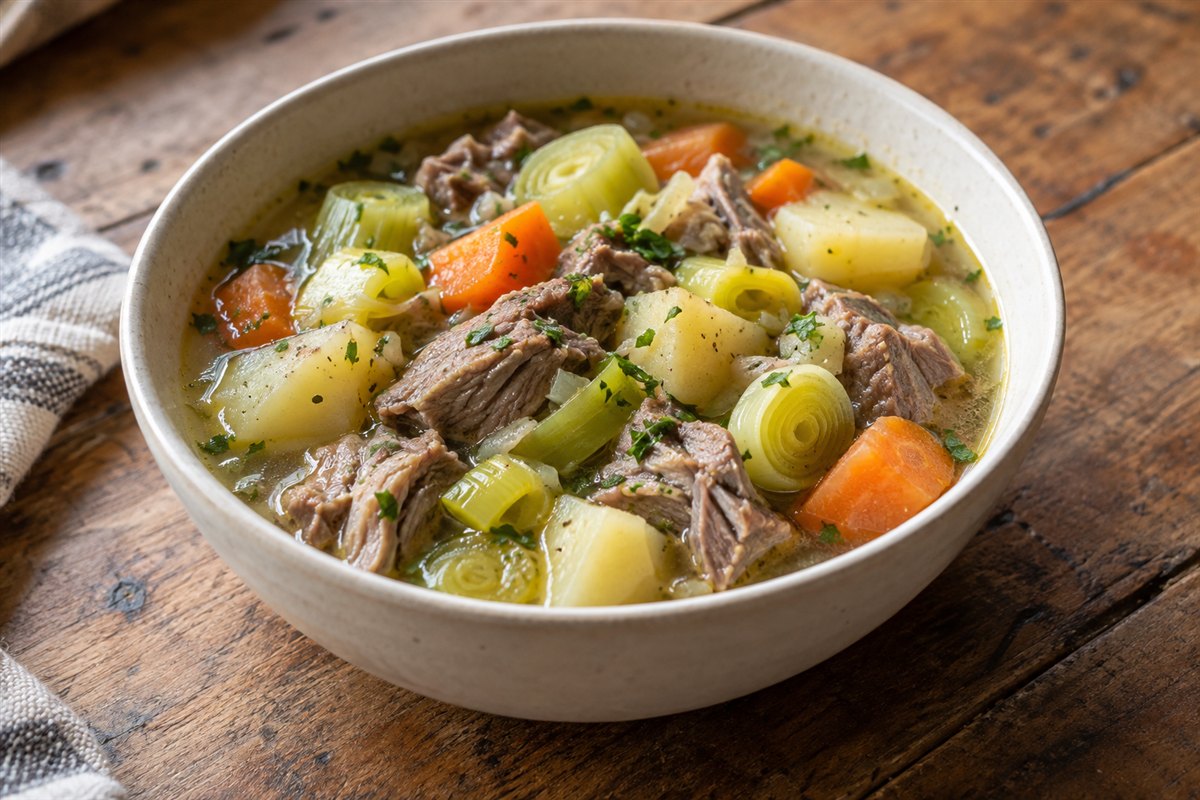 A bowl of homemade lamb cawl with leeks, potatoes and carrots on a wooden kitchen table