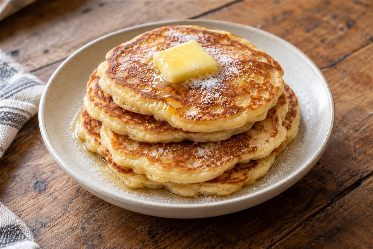 A stack of small golden Welsh pancakes with melting butter and a sprinkling of sugar on a plate