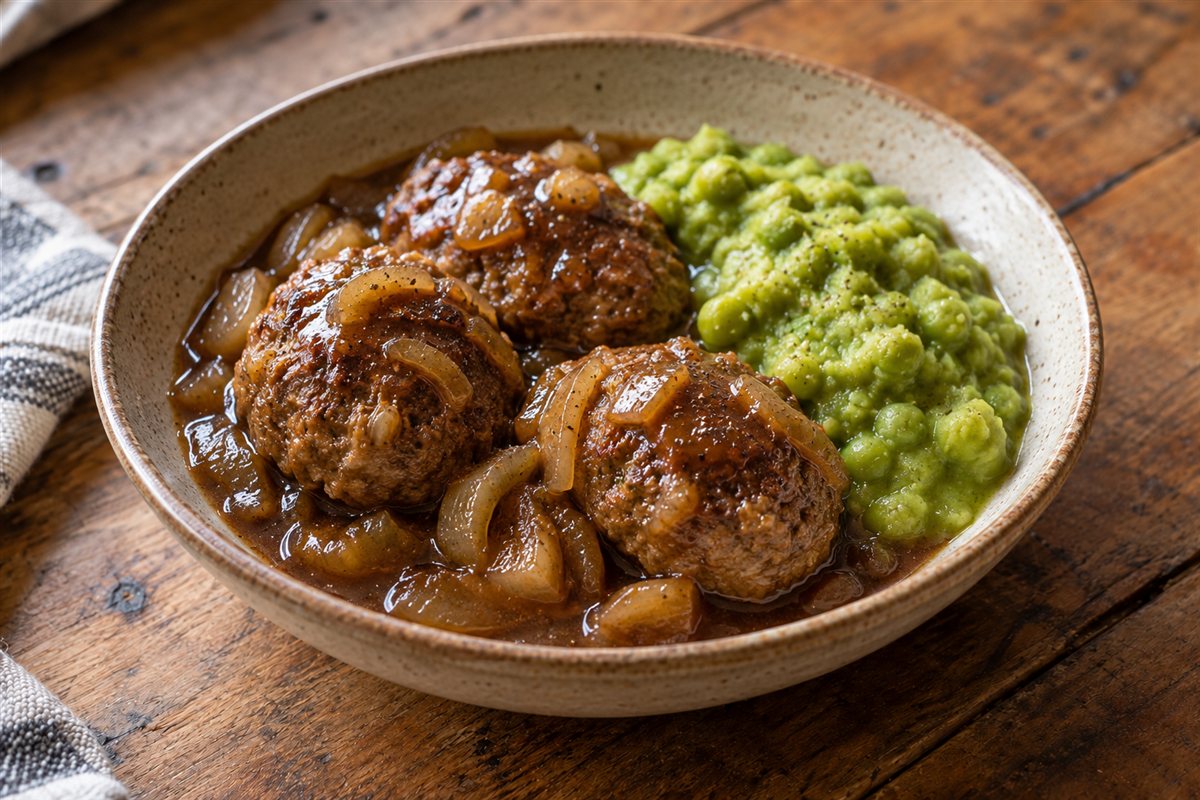 Oval meatballs in brown onion gravy with mushy green peas in an earthenware dish