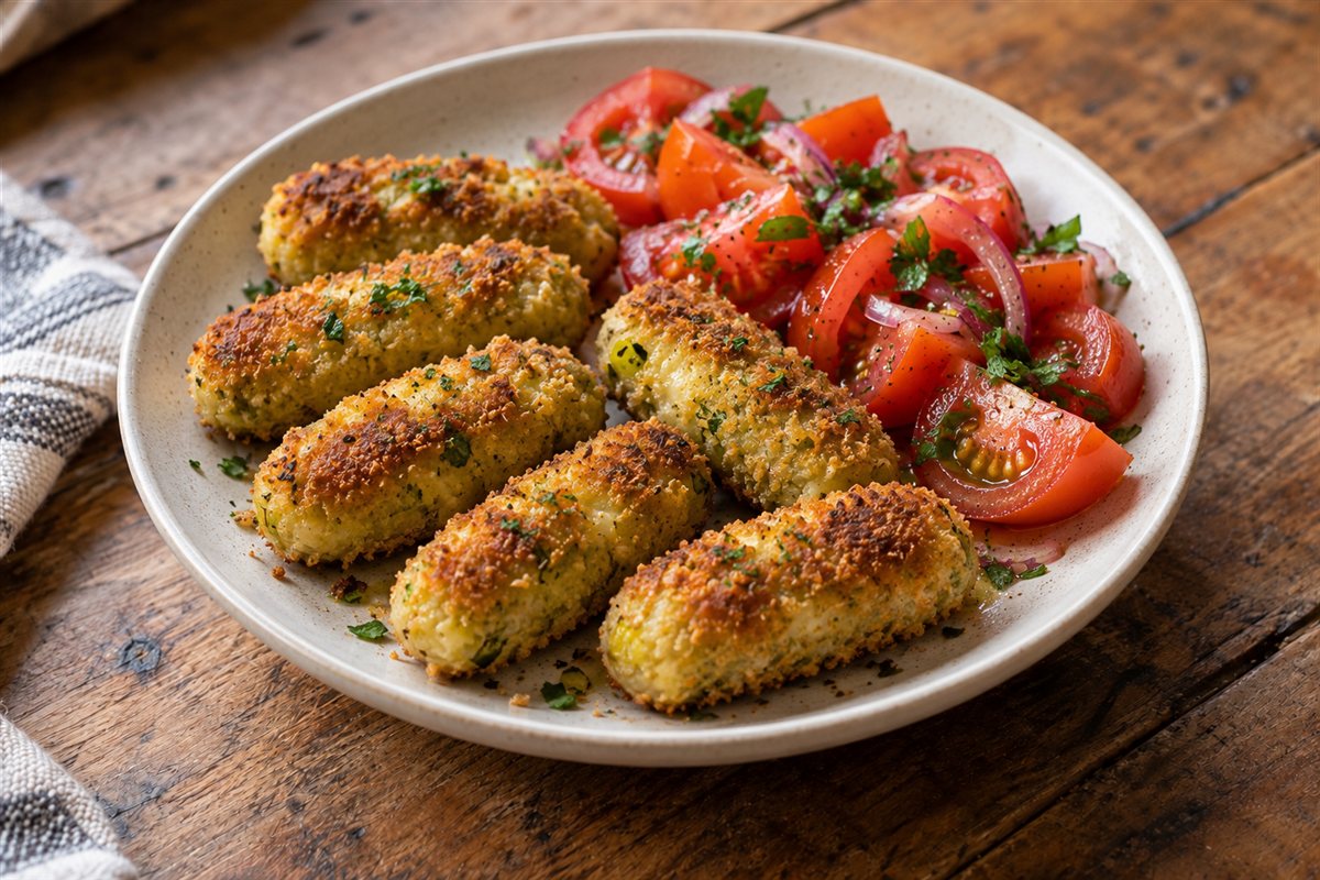 Six golden breadcrumbed Glamorgan sausages on a plate with a tomato salad