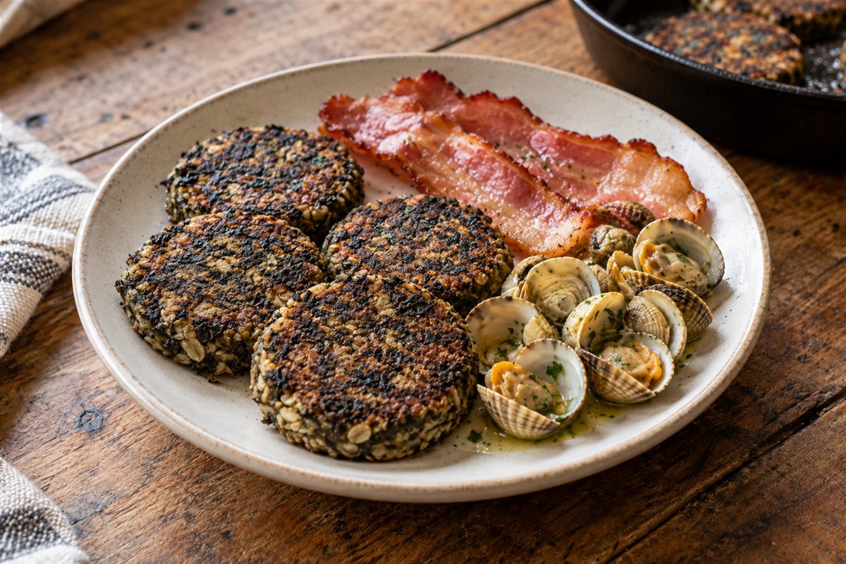 Four dark laverbread and oat cakes on a plate with crisp bacon and cockles, a cast-iron pan beside them on a kitchen table
