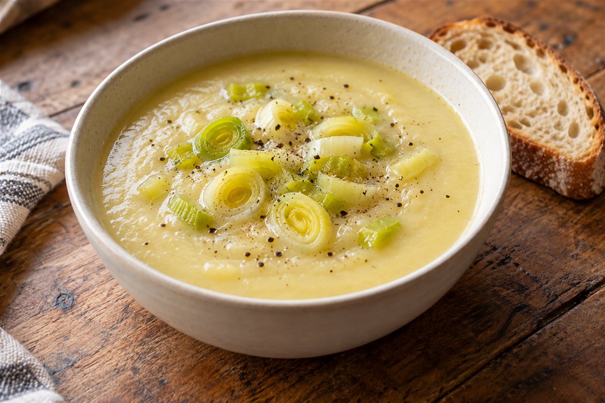 A bowl of pale creamy leek and potato soup topped with leek slices and black pepper, with a slice of bread