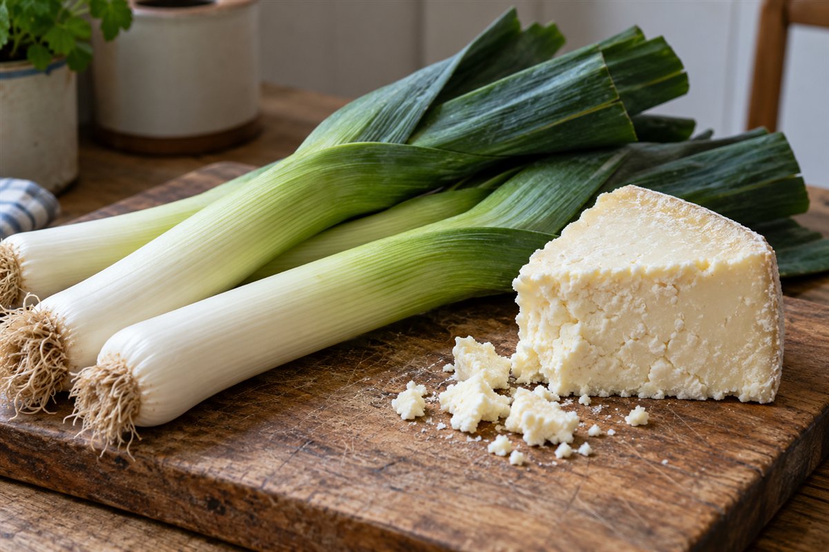 Fresh leeks and a crumbly wedge of Caerphilly cheese on a worn wooden chopping board