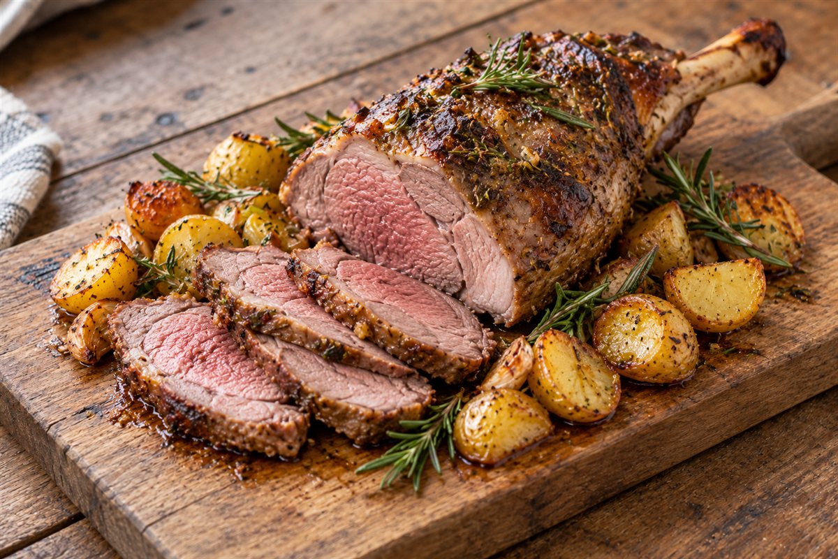 A roast leg of lamb partly carved into pink slices on a wooden board with roast potatoes and rosemary