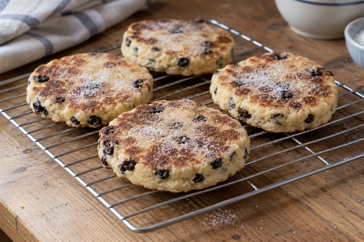 Golden Welsh cakes with currants cooling on a wire rack