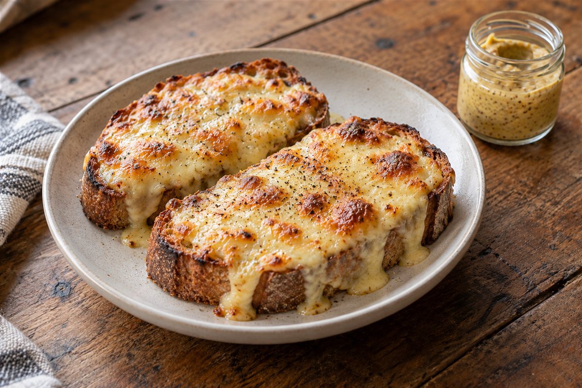 Two thick slices of toast topped with bubbling, golden grilled cheese sauce on a plate beside a small pot of mustard